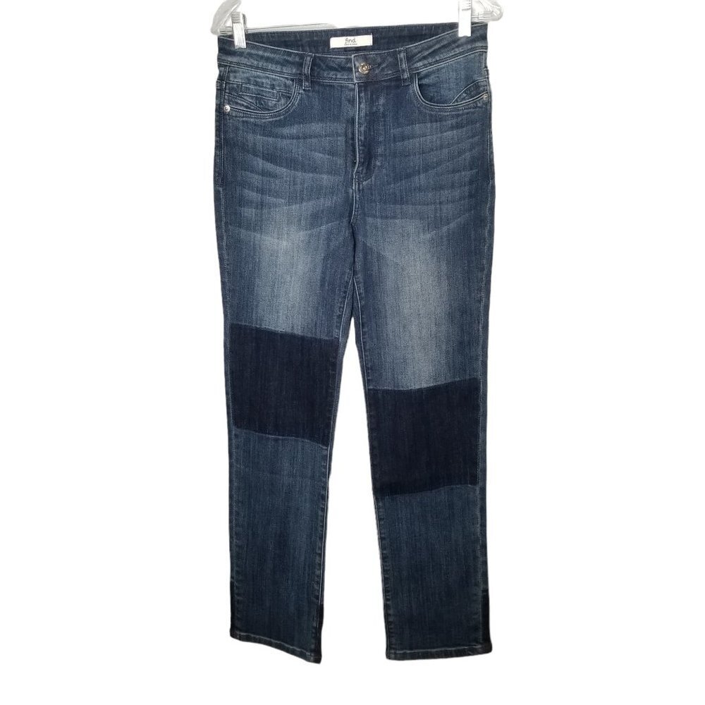 Find Women's Blue Straight Leg Patchwork Denim Blue Jeans w/Whiskering 30x32